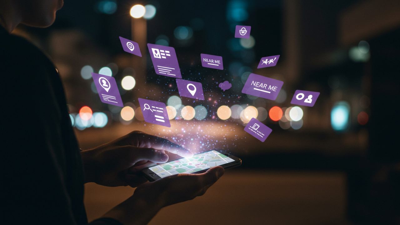 A person interacting with a glowing digital map interface, symbolizing local search optimization and nearby business visibility