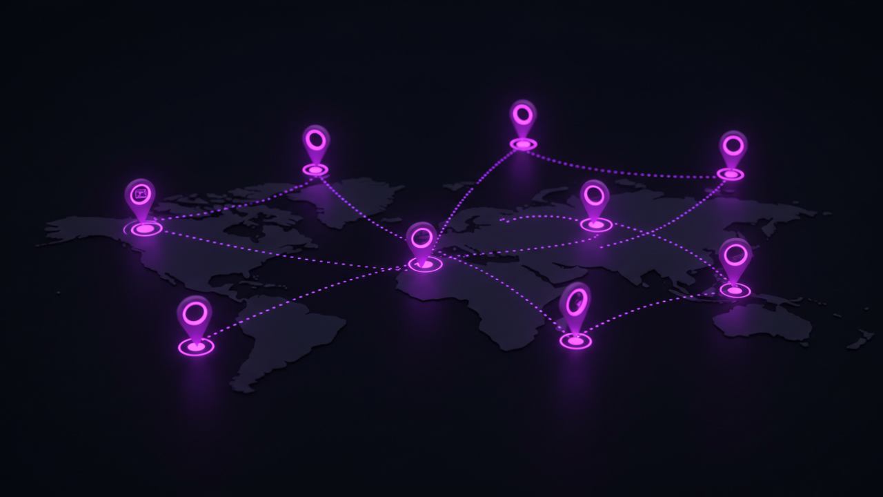 A glowing purple network of location pins connected by light paths on a dark background, symbolizing a local SEO visibility grid across multiple areas