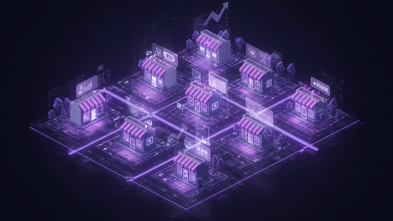 An abstract glowing purple map grid with elevated location points, representing local business visibility and geotargeted SEO optimization