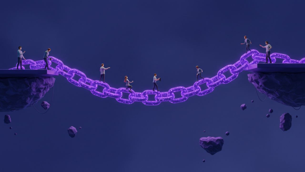 A glowing purple digital chain suspended in space, symbolizing the structure and strength of backlink networks in off-page SEO