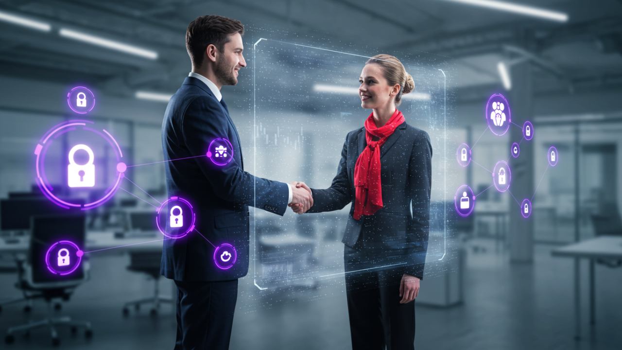 Two digital marketing professionals interacting in a futuristic environment with backlink and trust icons floating around them, symbolizing off-page SEO and authority building